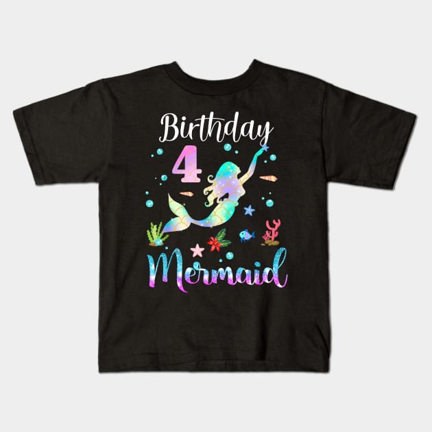 4 Years Old Birthday Mermaid Happy 4th Birthday Kids T-Shirt by Vintage White Rose Bouquets